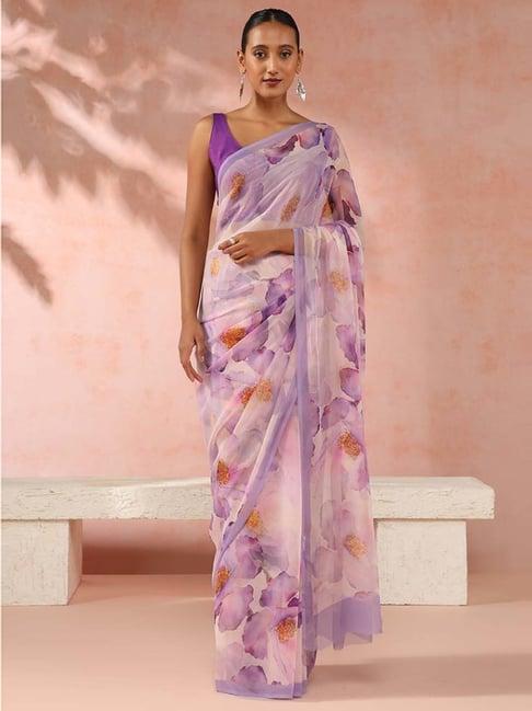 taneira purple floral print saree with unstitched blouse