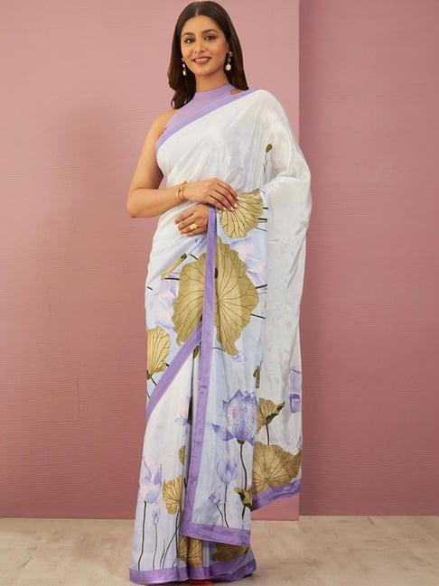 taneira purple printed saree with unstitched blouse