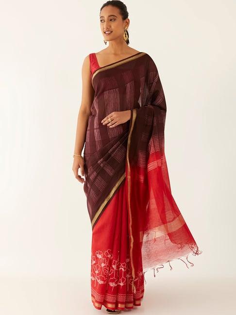 taneira red & brown shibori print saree with unstitched blouse