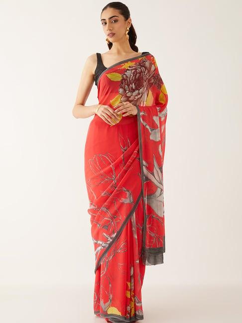 taneira red floral print saree with unstitched blouse