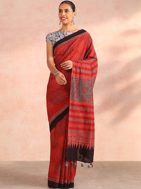 taneira red printed cotton saree with blouse