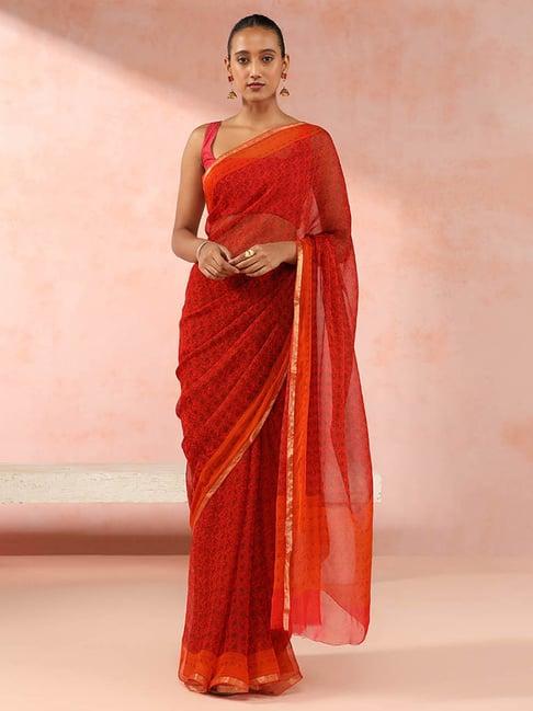 taneira red printed saree with unstitched blouse piece