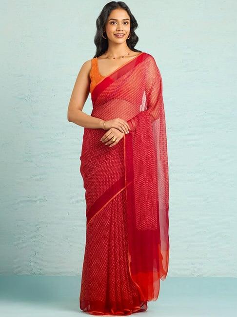 taneira red printed saree with unstitched blouse