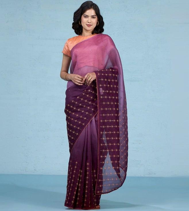 taneira violet pure silk organza embroidered saree