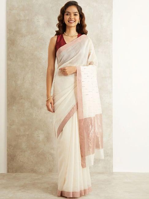 taneira white striped saree with unstitched blouse
