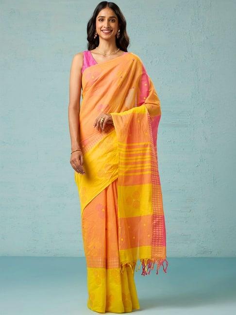 taneira yellow cotton printed saree with unstitched blouse