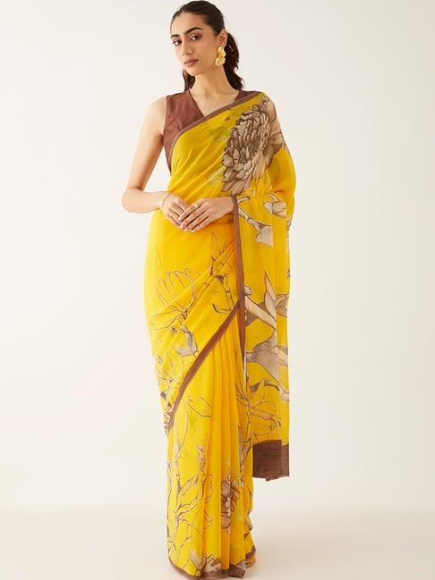 taneira yellow floral print saree with unstitched blouse