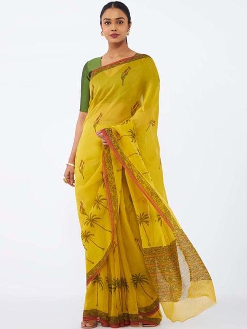 taneira yellow printed saree with unstitched blouse