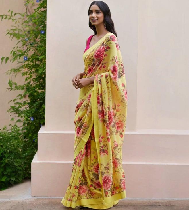 taneira yellow pure silk cotton embroidery saree