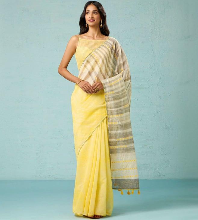 taneira yellow pure silk cotton kantha embroidered saree