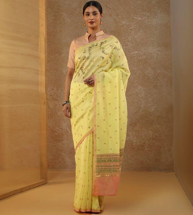 taneira yellow pure silk cotton printed sanganeri saree