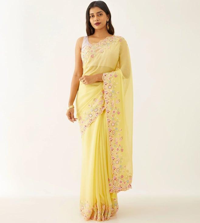 taneira yellow viscose embroidery contemporary saree