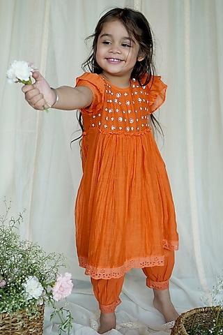 tangerine chanderi kurta set for girls