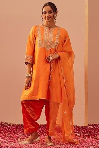 tangerine orange silk chanderi & banarasi embroidered choga kurta set for girls