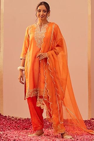 tangerine orange silk chanderi & banarasi embroidered kurta set for girls