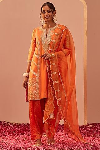 tangerine orange silk chanderi printed & embroidered kurta set for girls
