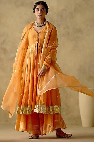 tangerine chanderi silk hand embroidered anarkali set