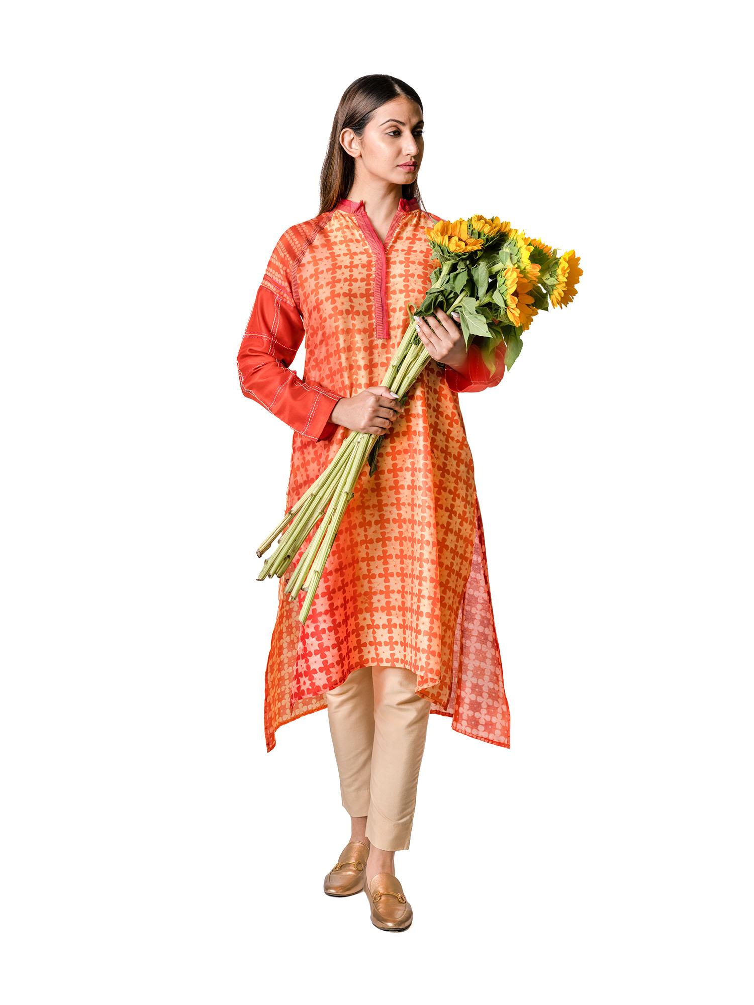 tangerine chanderi tunic with floral block print