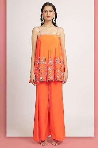 tangerine crepe floral embroidered flared tunic set