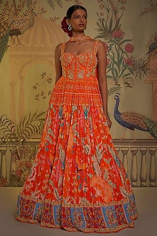 tangerine crepe silk embroidered corset anarkali set