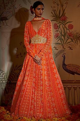 tangerine crepe silk embroidered patola anarkali set