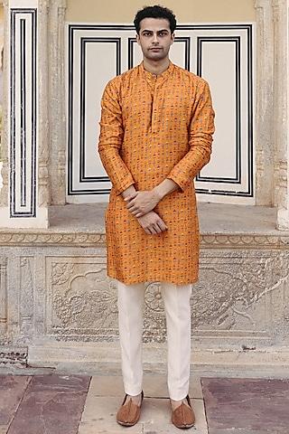 tangerine dupion silk printed kurta set