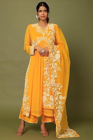 tangerine embroidered kurta set