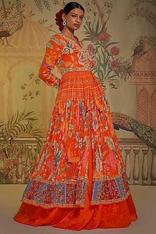 tangerine georgette crepe embroidered lehenga set