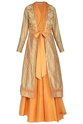 tangerine kurta with pants & embellished jacket