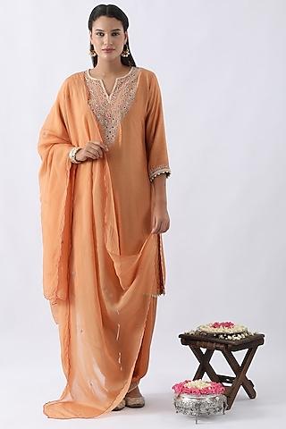 tangerine orange bemberg silk dori & thread embroidered kurta set