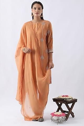 tangerine orange bemberg silk dori & thread embroidered kurta set