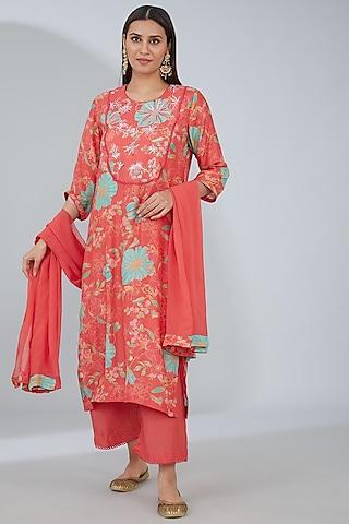 tangerine orange cotton silk digital printed kurta set