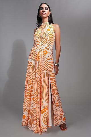 tangerine orange crepe & organza printed maxi dress