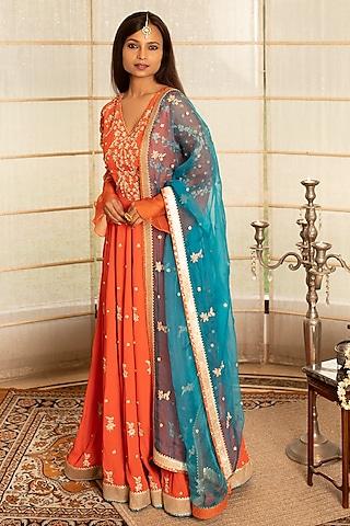 tangerine orange embroidered anarkali set