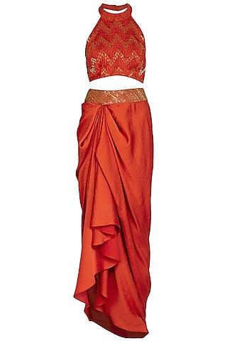 tangerine orange embroidered crop top with drape skirt & belt
