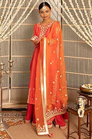 tangerine orange embroidered kurta set