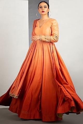 tangerine orange ombre gown with attached dupatta