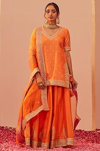 tangerine orange silk chanderi & banarasi embroidered kurta set