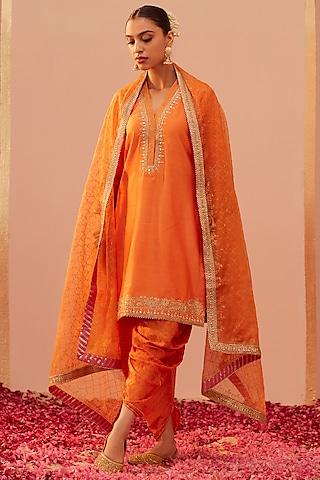 tangerine orange silk chanderi printed & embroidered kurta set