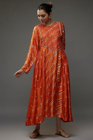 tangerine organic silk zardosi & mukaish embroidered gathered dress