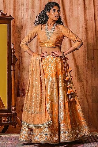 tangerine printed lehenga set with applique work