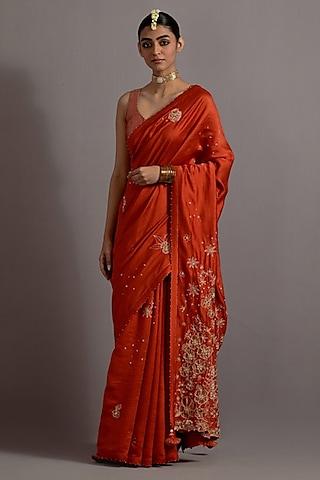 tangerine silk & tissue boota embroidered saree set
