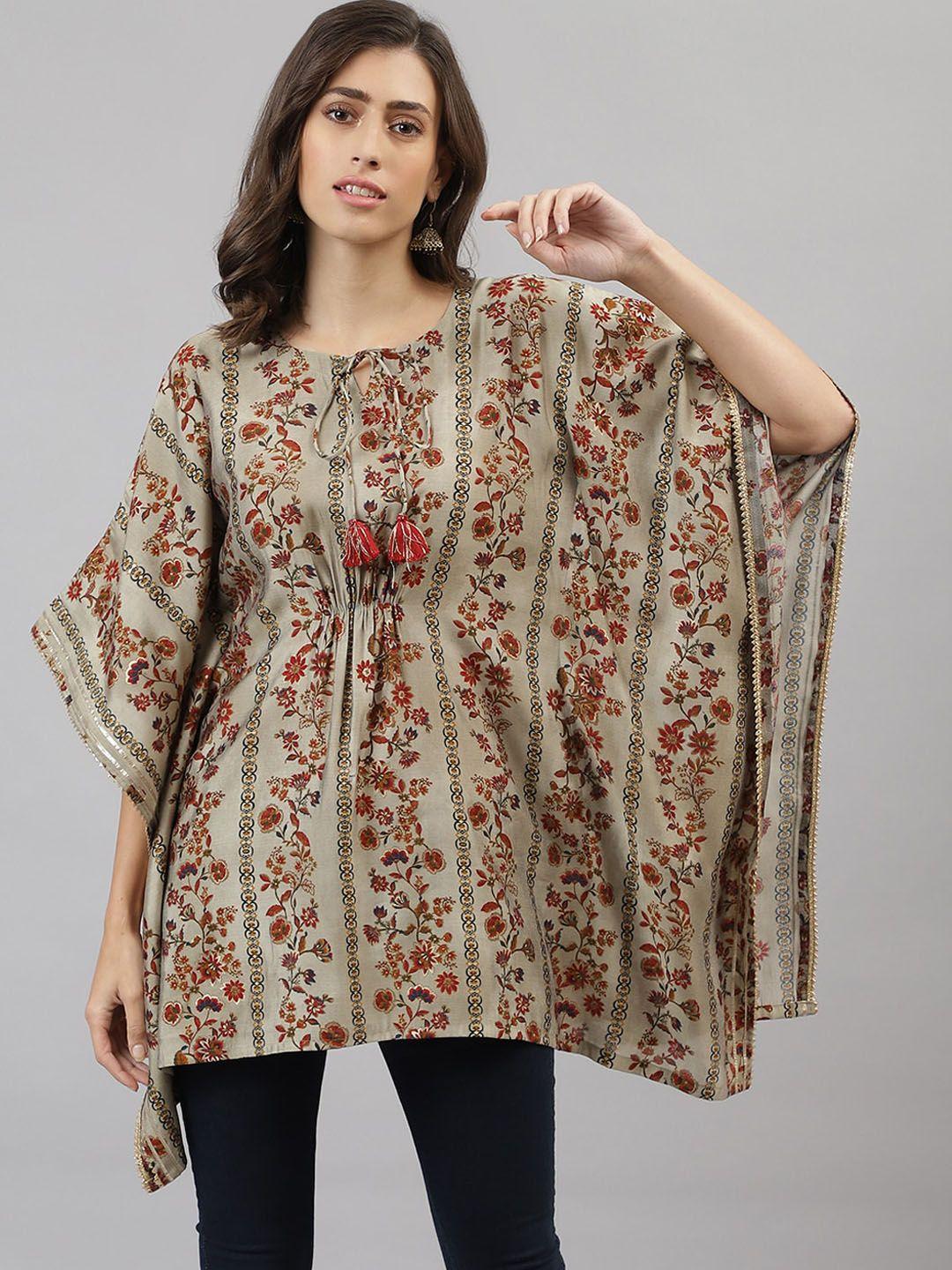 tankhi women beige floral printed flared sleeves kaftan kurta