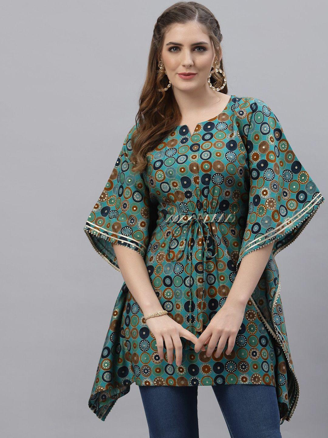 tankhi women blue floral printed flared sleeves kaftan kurta