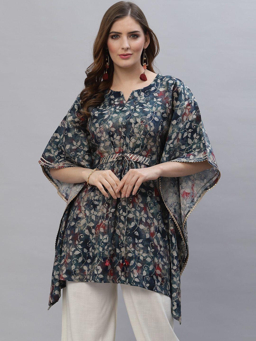 tankhi women blue floral printed flared sleeves thread work kaftan kurta