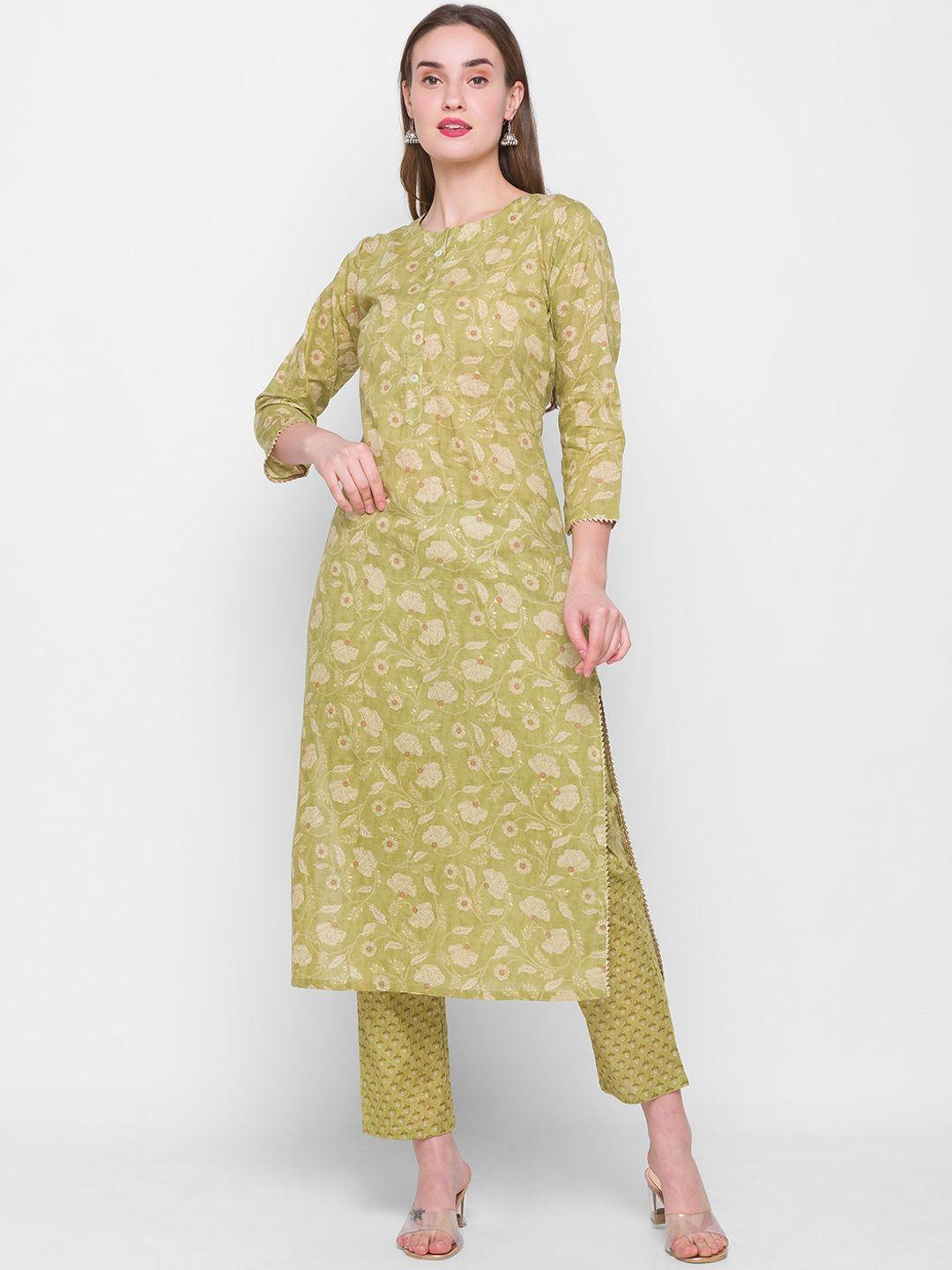 tankhi women green floral printed chanderi cotton kurta with trousers