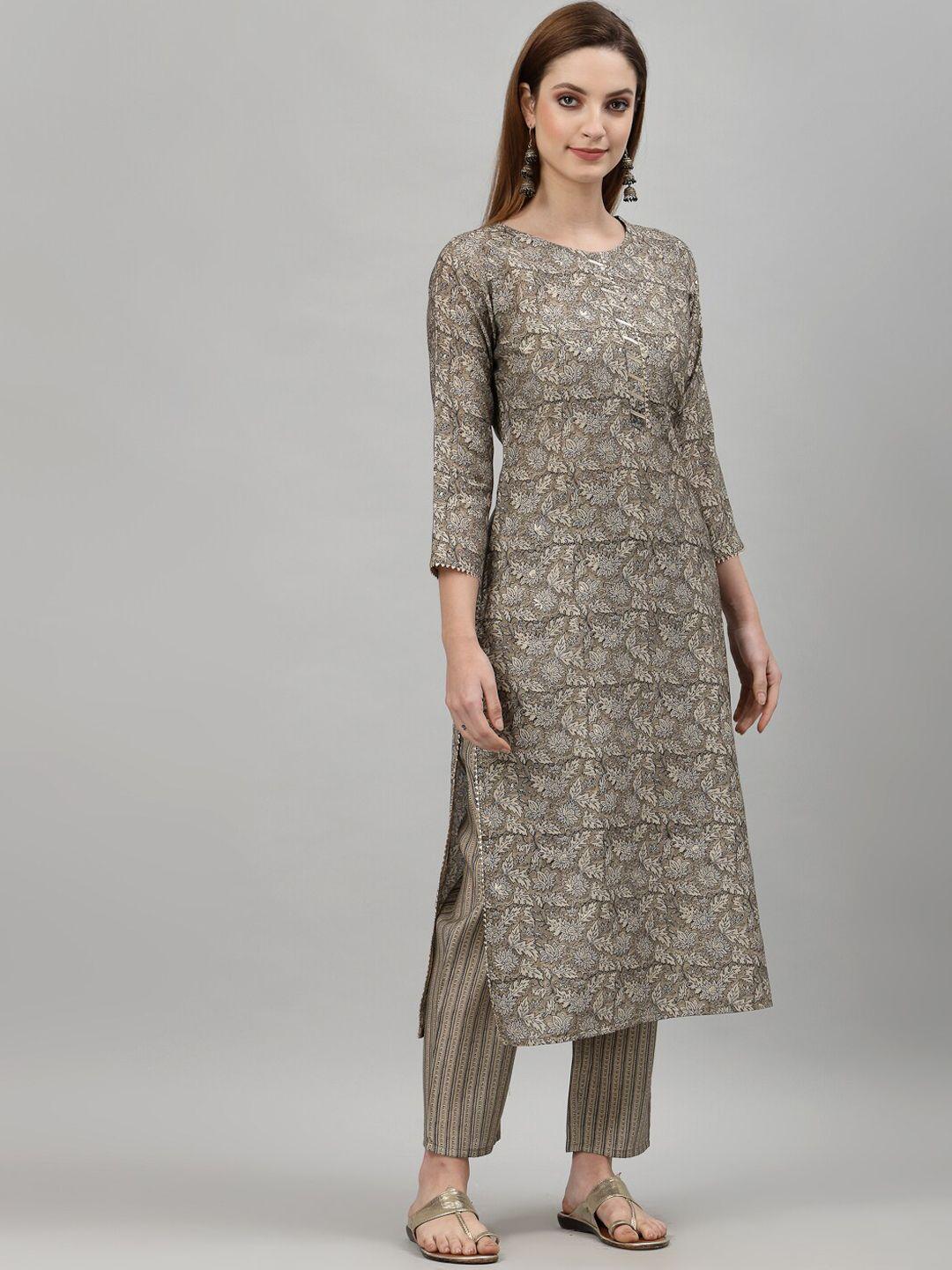 tankhi women grey ethnic motifs printed chanderi cotton kurta with trousers