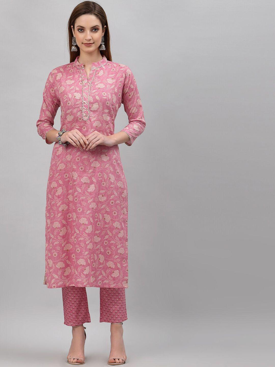 tankhi women pink ethnic motifs printed chanderi cotton kurta with trousers