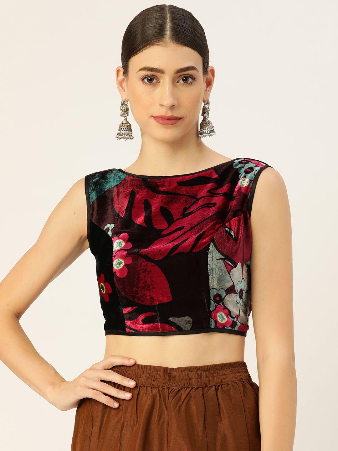 tantkatha black & maroon printed velvet saree blouse