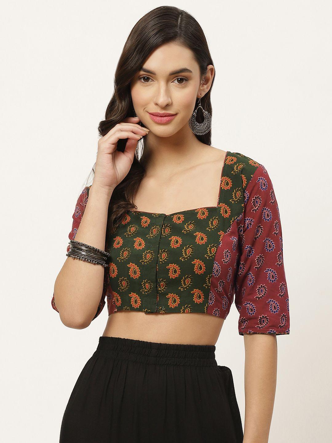 tantkatha green & maroon ethnic motif ajrak printed pure cotton saree blouse